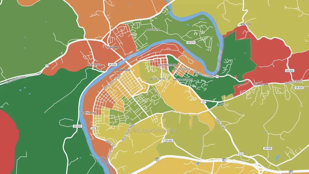 Radford City, VA Map of Robbery Rates