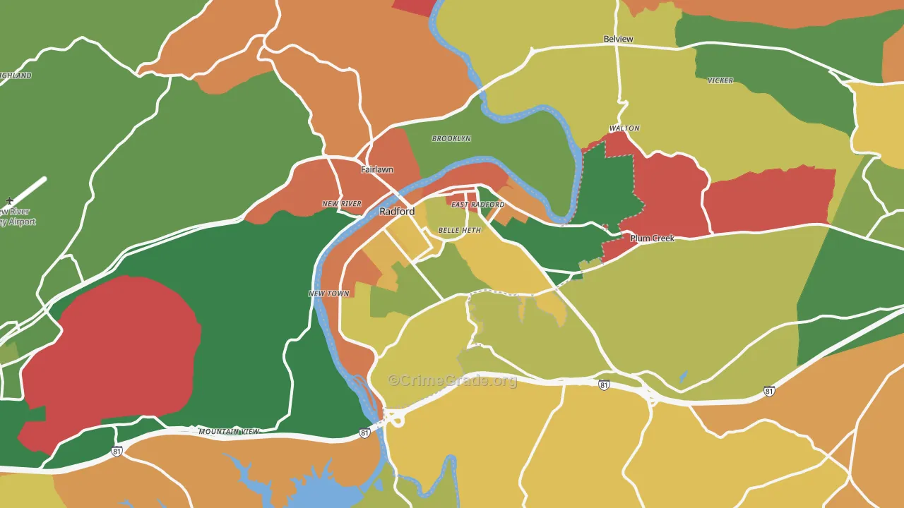 Radford, VA Map of Robbery Rates
