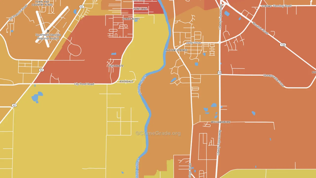 Radium Springs, GA Map of Robbery Rates