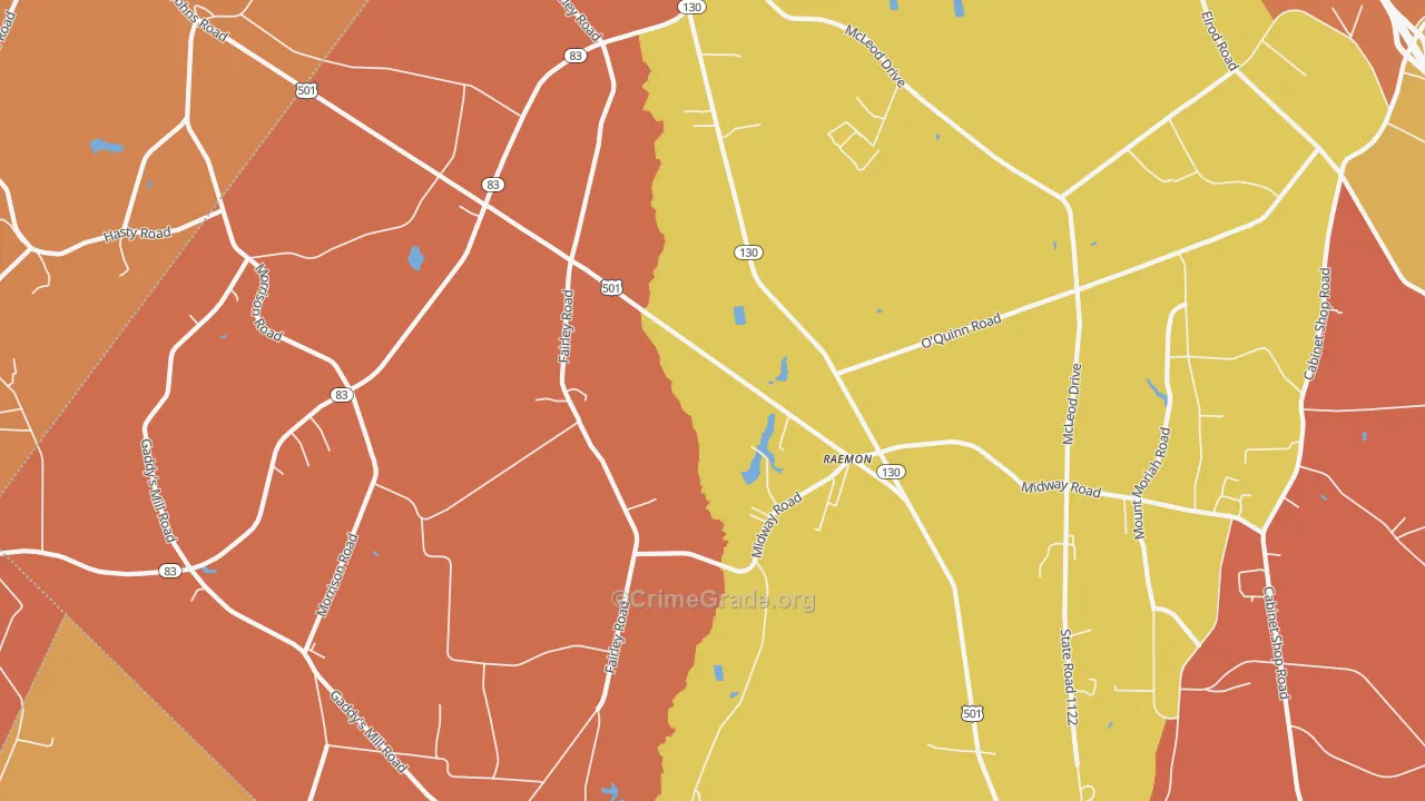 Raemon, NC Map of Robbery Rates