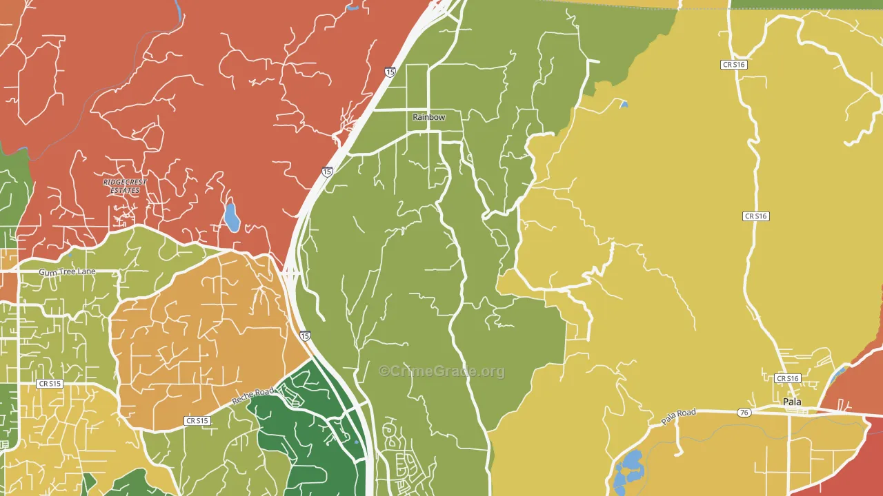 Rainbow, CA Map of Robbery Rates