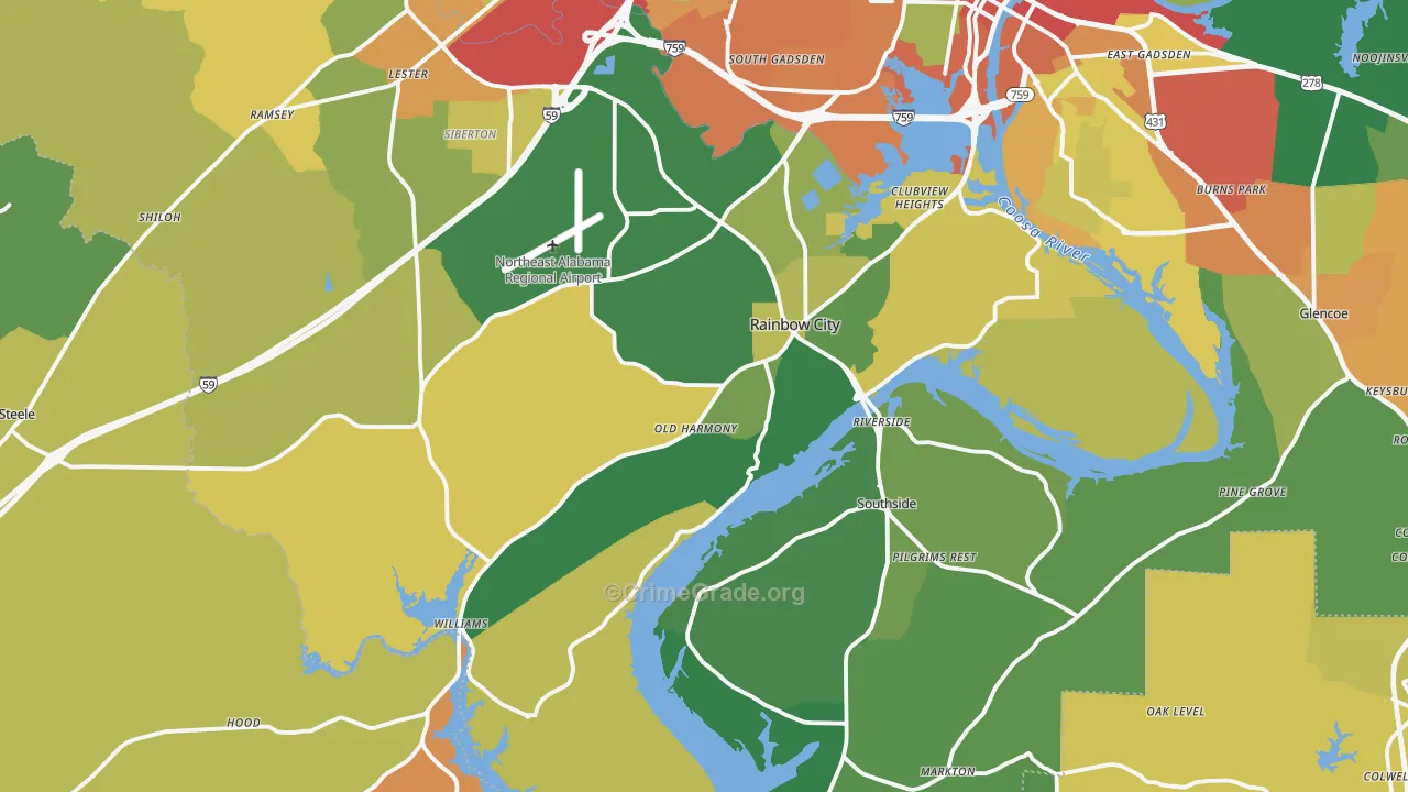 Rainbow City, AL Map of Robbery Rates