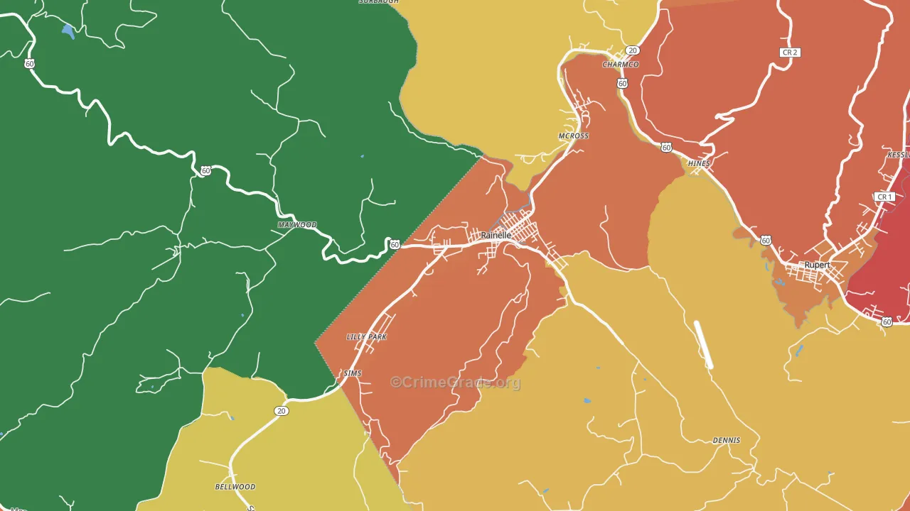 Rainelle, WV Map of Robbery Rates
