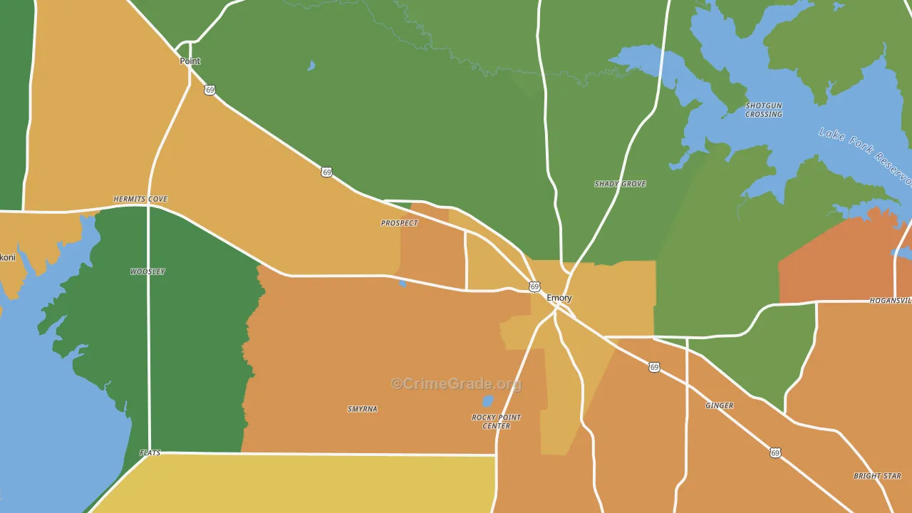 Rains County, TX Map of Robbery Rates