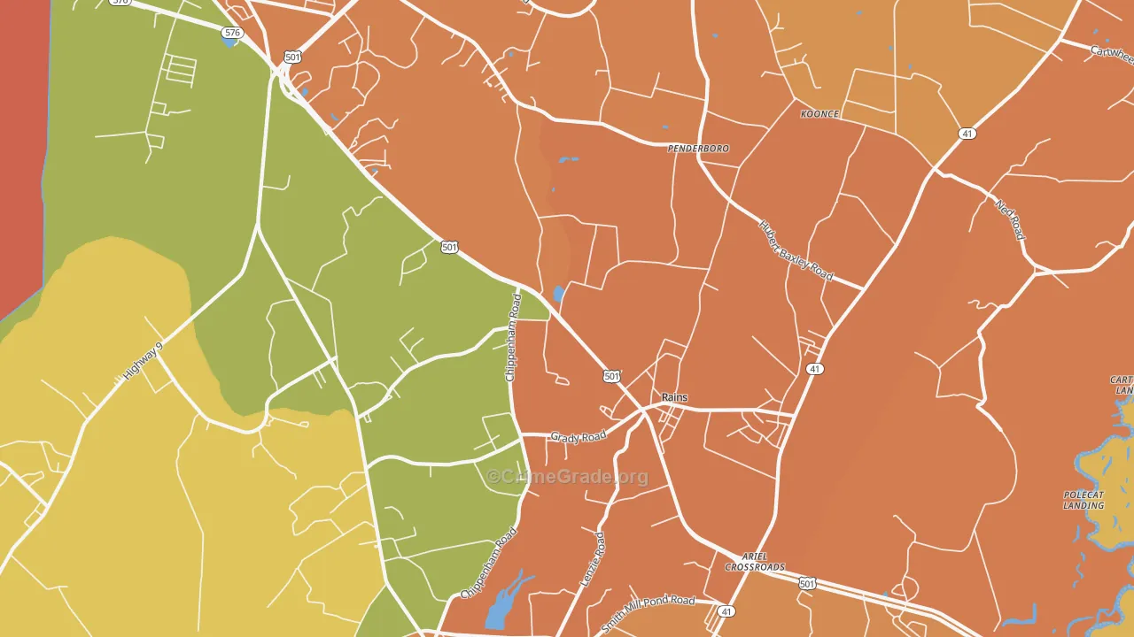 Rains, SC Map of Robbery Rates