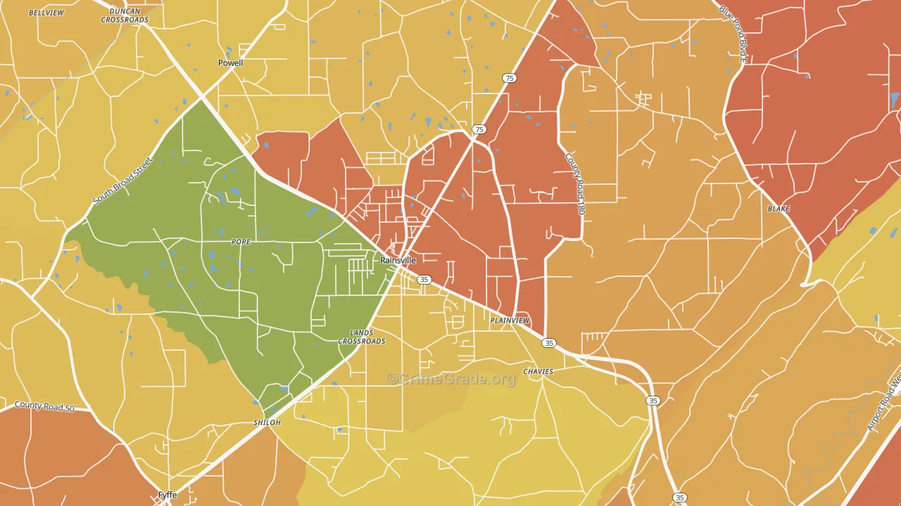 Rainsville, AL Map of Robbery Rates