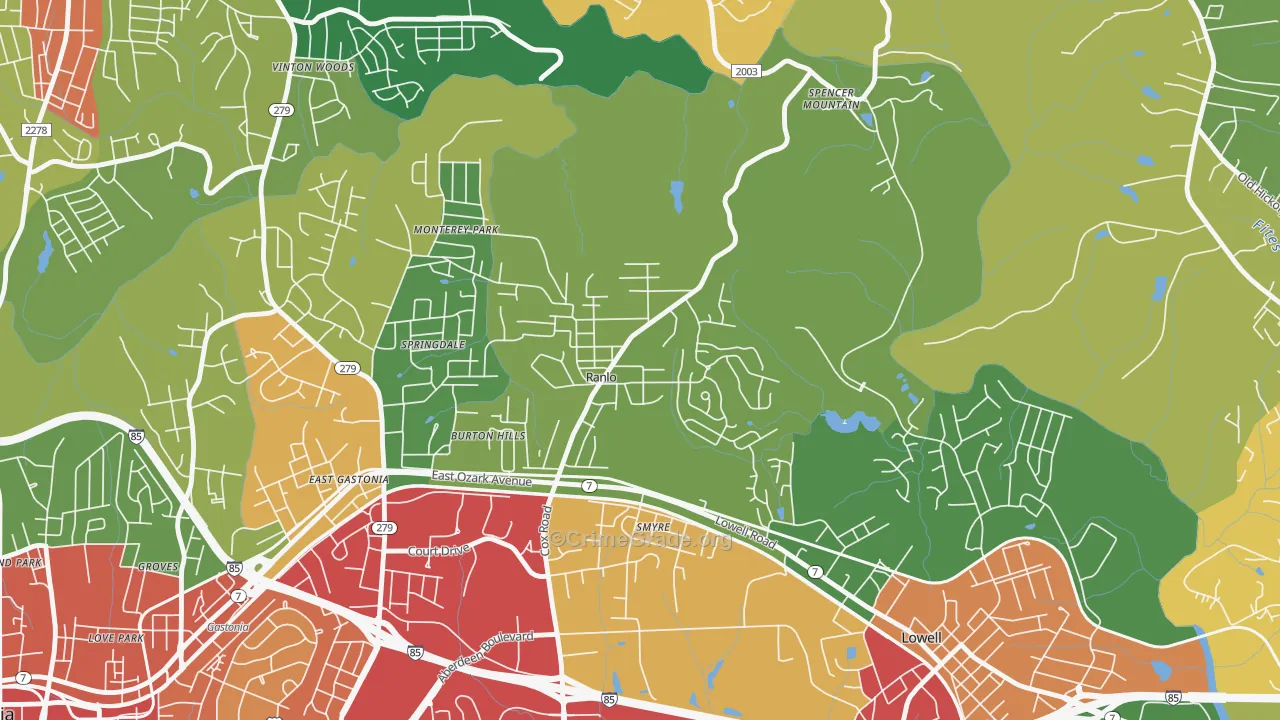 Ranlo, NC Map of Robbery Rates
