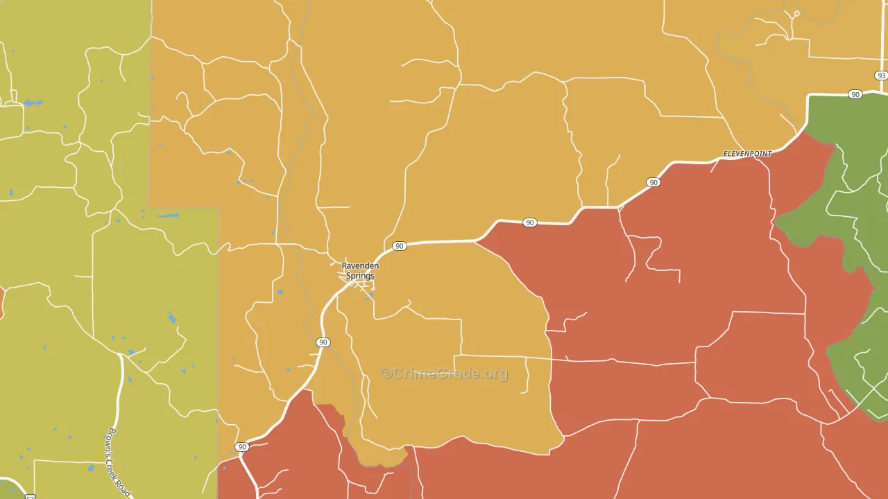 Ravenden Springs, AR Map of Robbery Rates