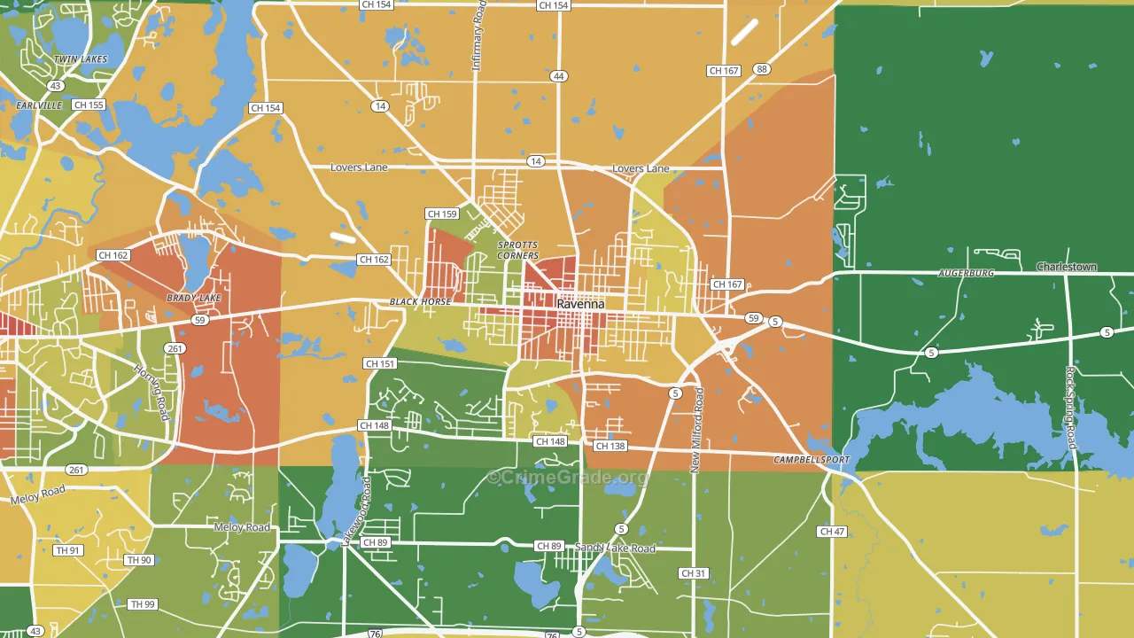 Ravenna, OH Map of Robbery Rates