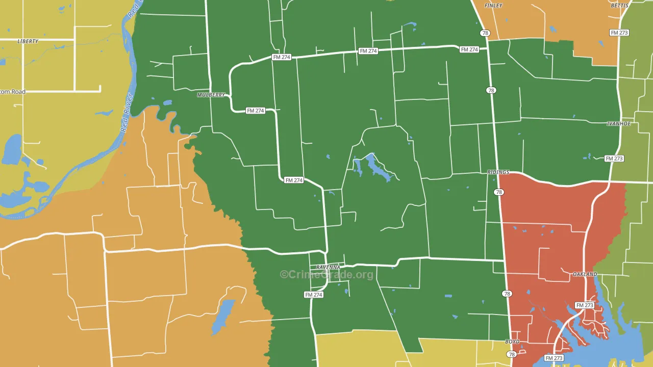 Ravenna, TX Map of Robbery Rates