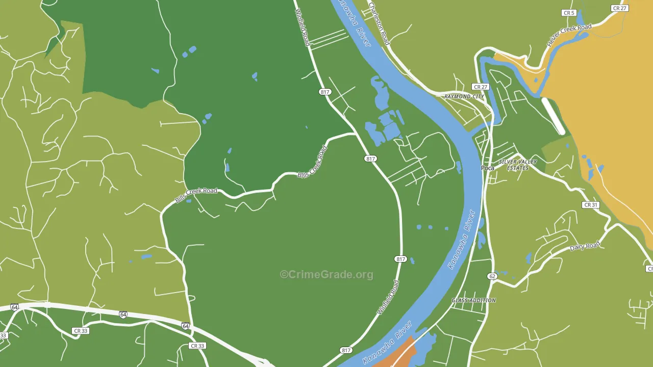 Raymond City, WV Map of Robbery Rates