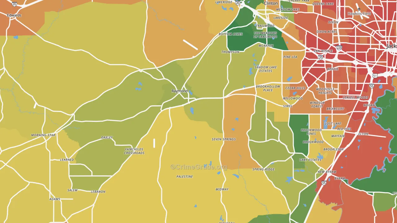 Raymond, MS Map of Robbery Rates