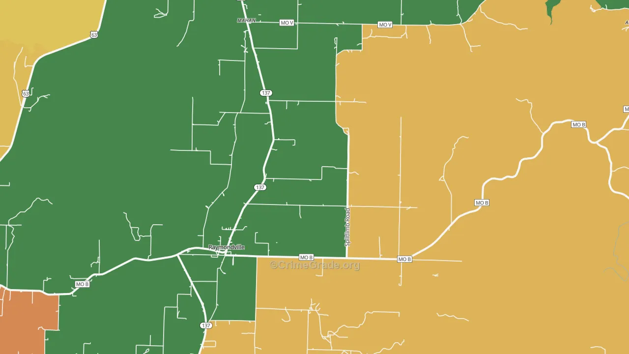 Raymondville, MO Map of Robbery Rates