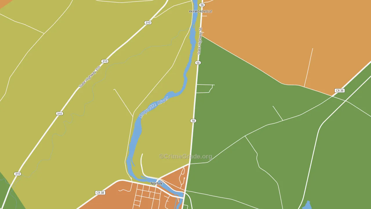Raymondville, NY Map of Robbery Rates