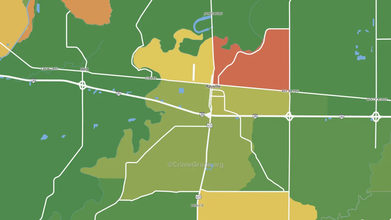 Rayville, LA Map of Robbery Rates
