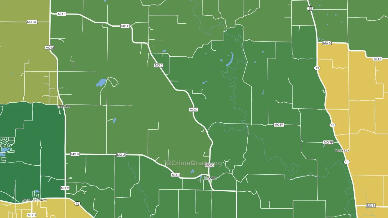 Rayville, MO Map of Robbery Rates