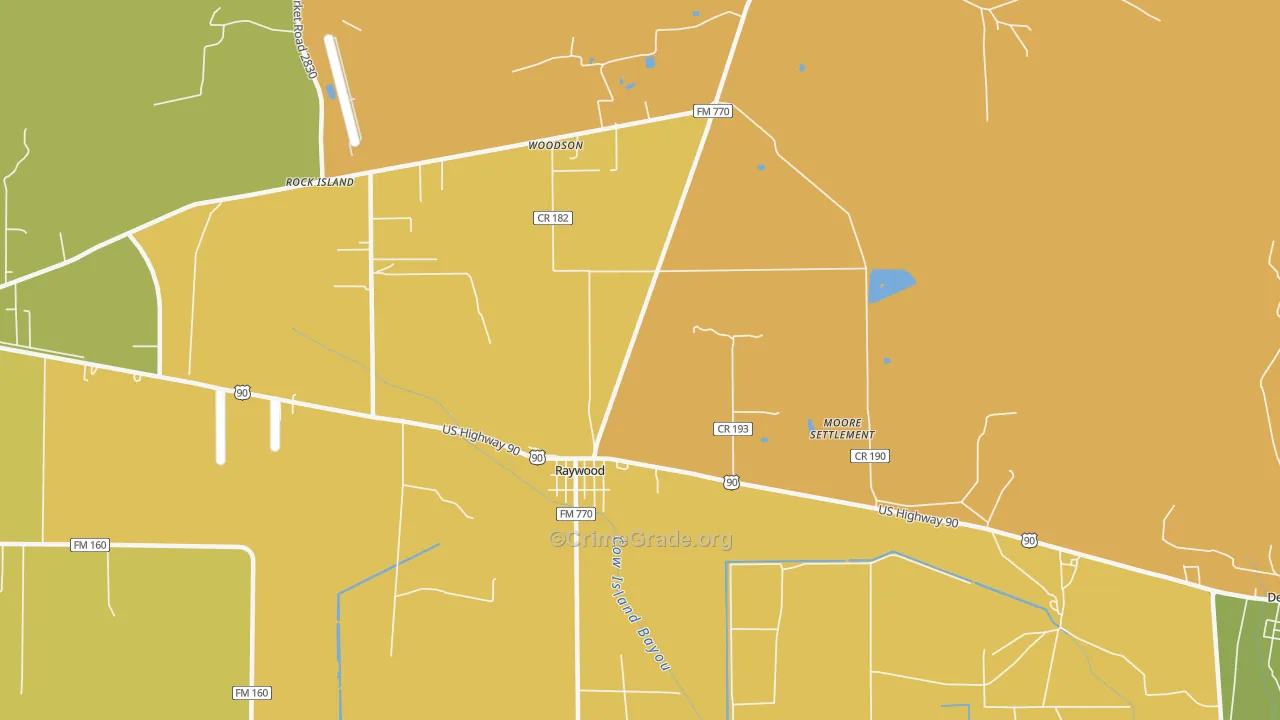 Raywood, TX Map of Robbery Rates
