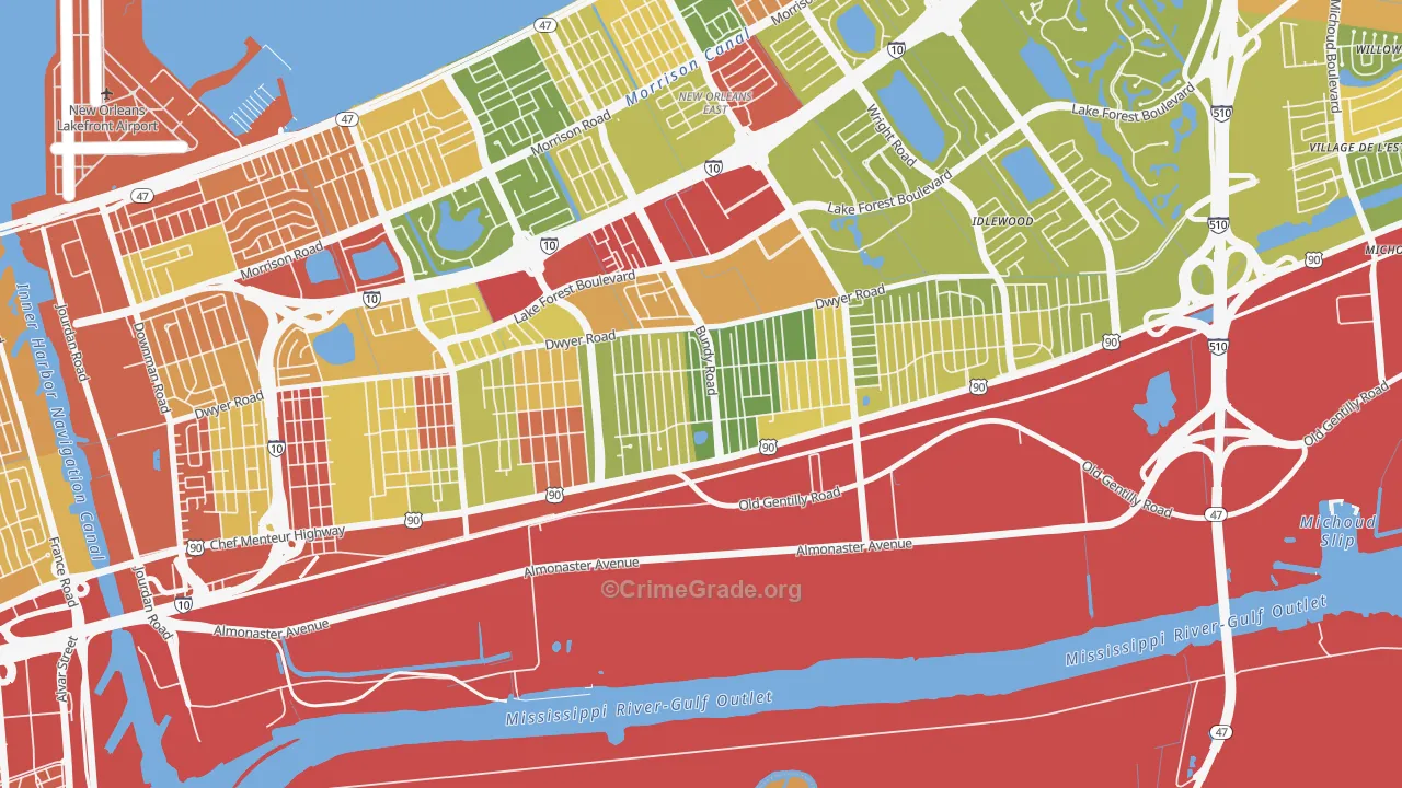 Read Blvd West, New Orleans, LA Map of Robbery Rates