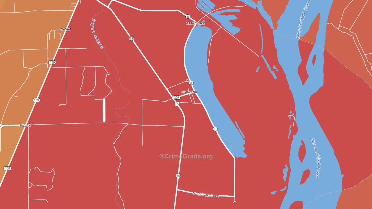 Readland, AR Map of Robbery Rates