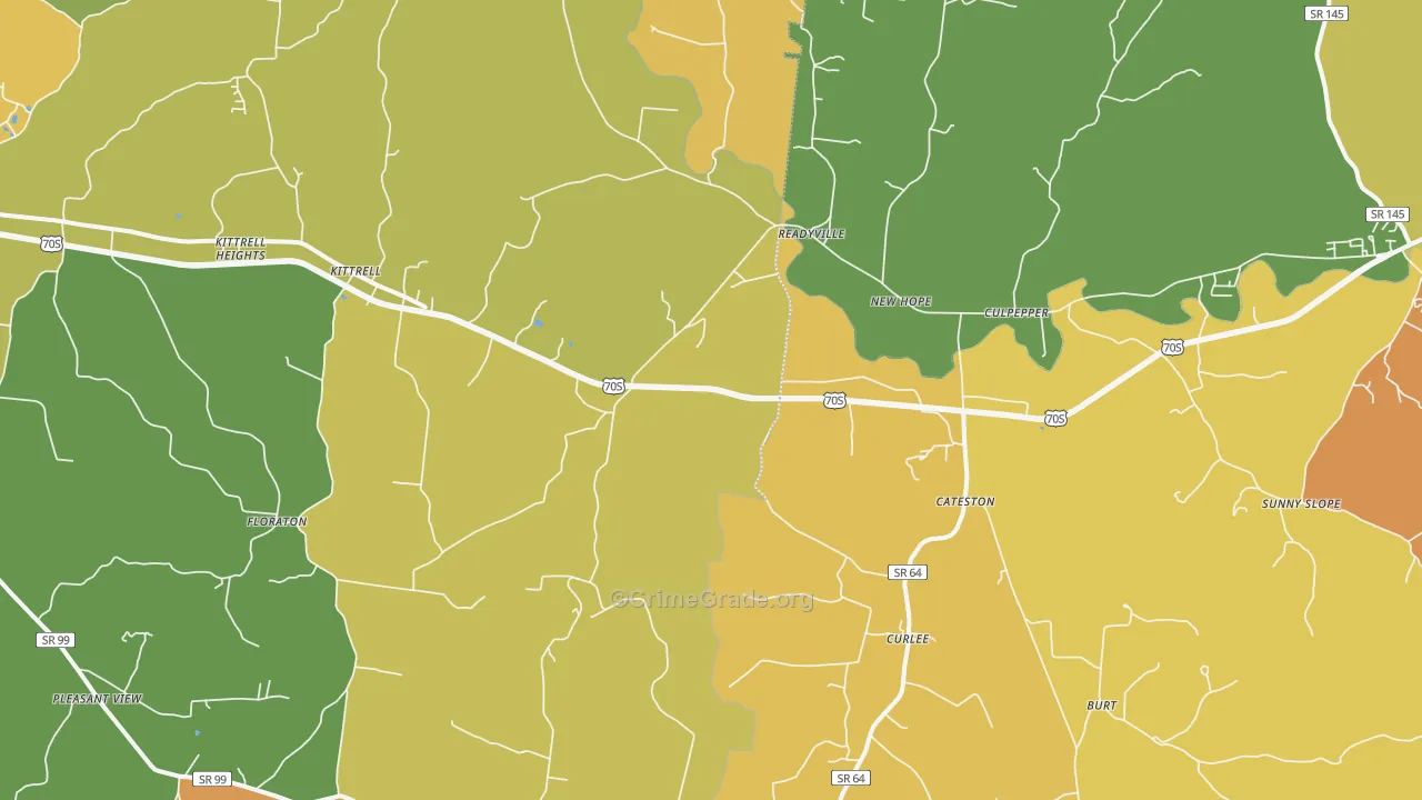Readyville, TN Map of Robbery Rates