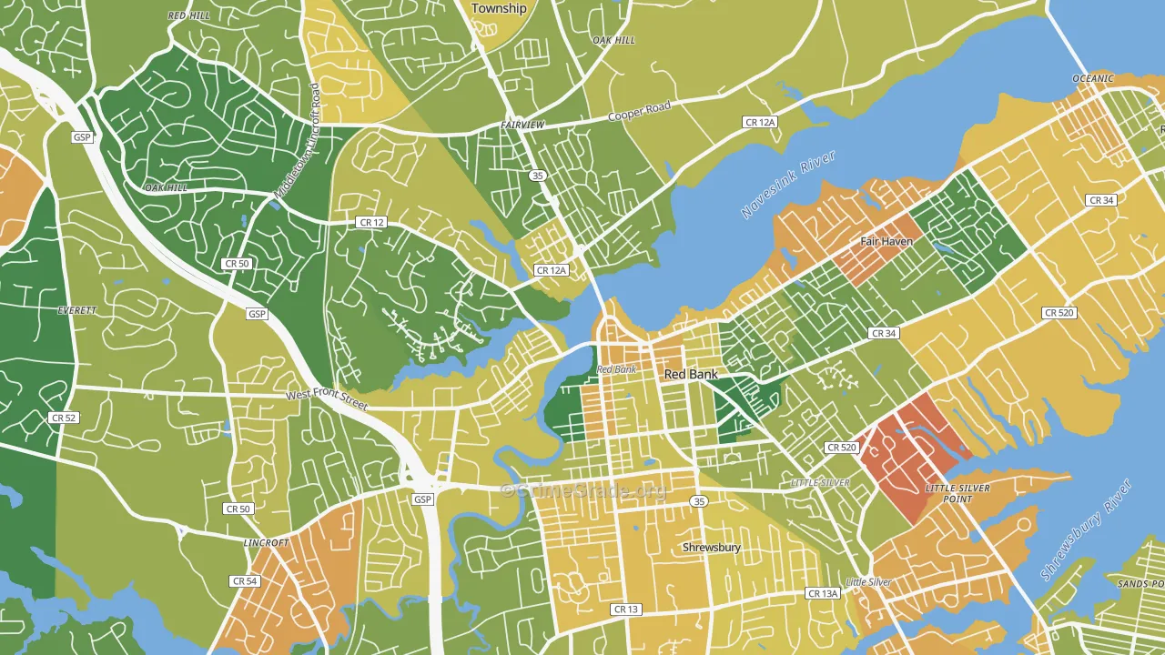 Red Bank, NJ Map of Robbery Rates