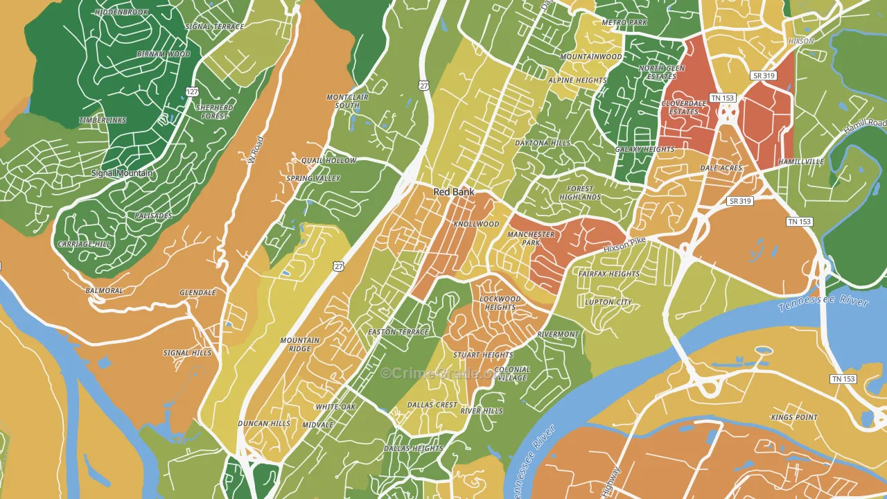 Red Bank, TN Map of Robbery Rates