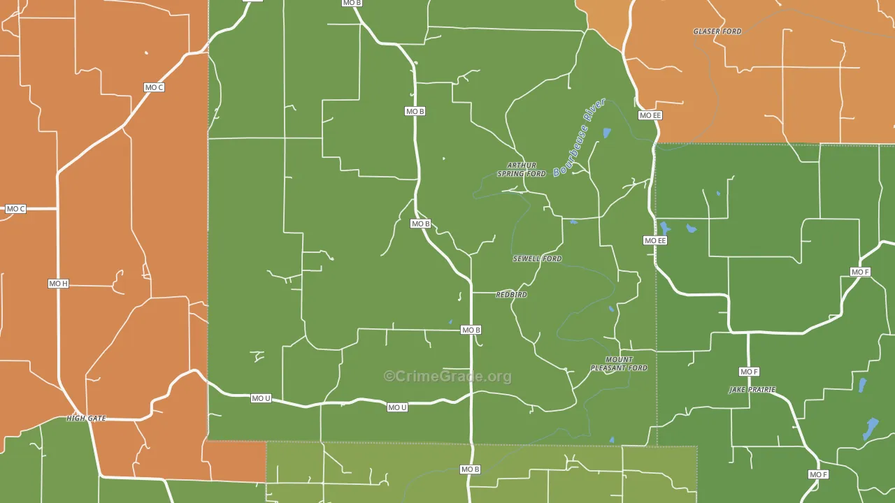 Red Bird, MO Map of Robbery Rates