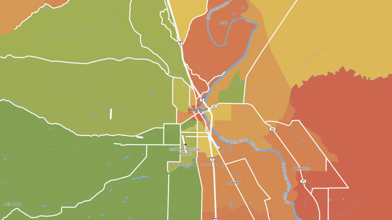 Red Bluff, CA Map of Robbery Rates