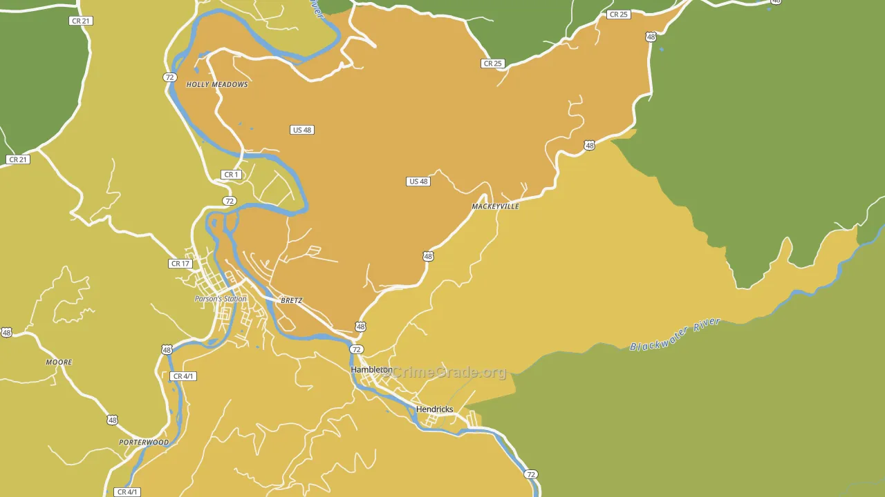 Red Creek, WV Map of Robbery Rates