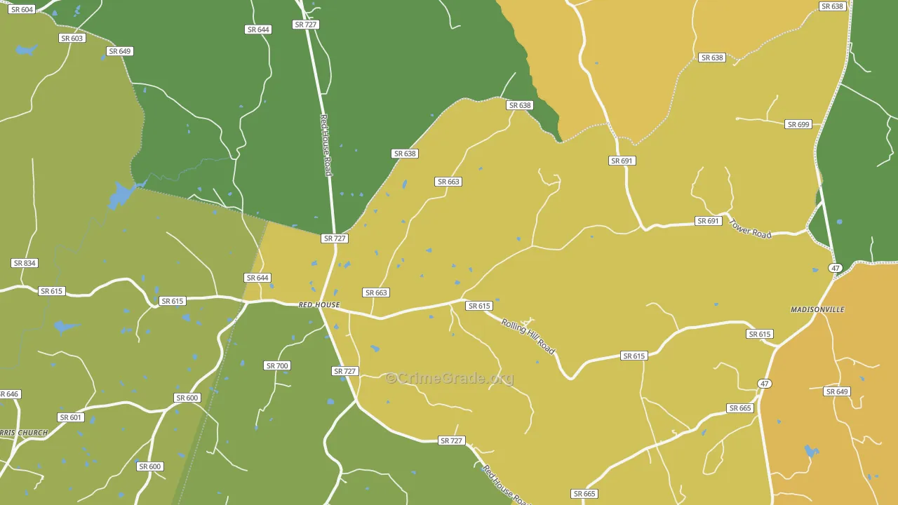 Red House, VA Map of Robbery Rates