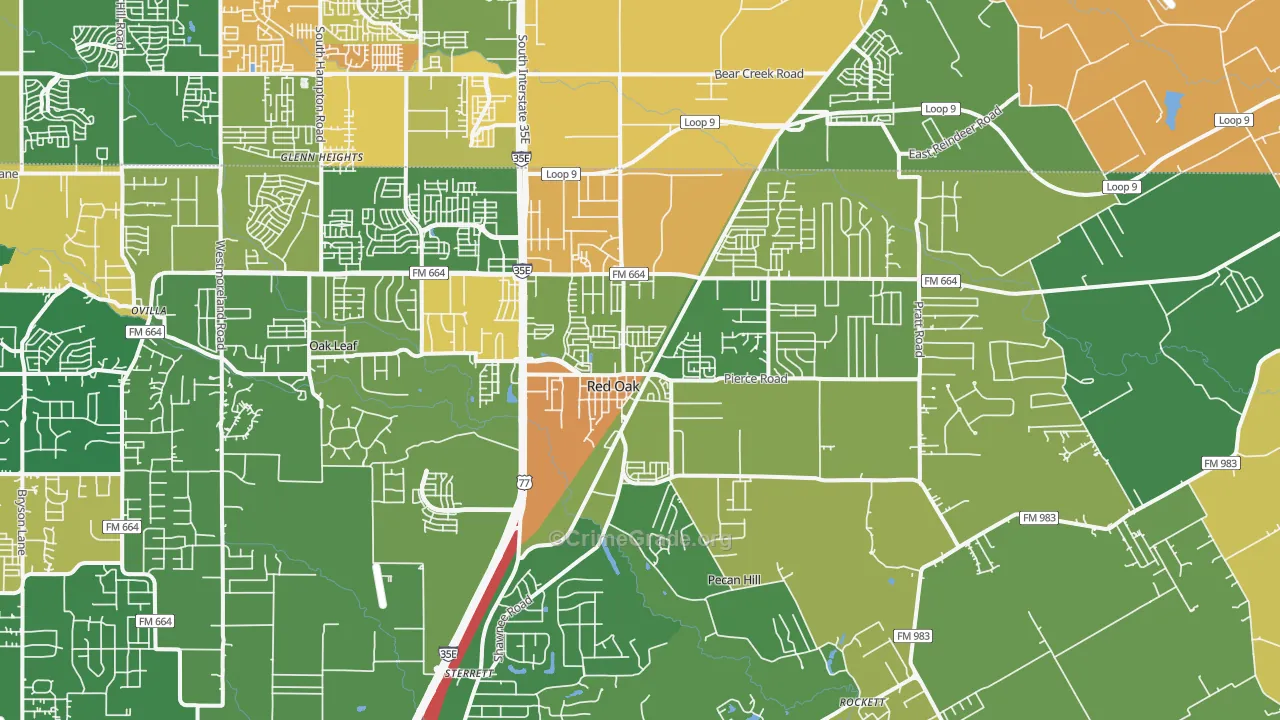 Red Oak, TX Map of Robbery Rates