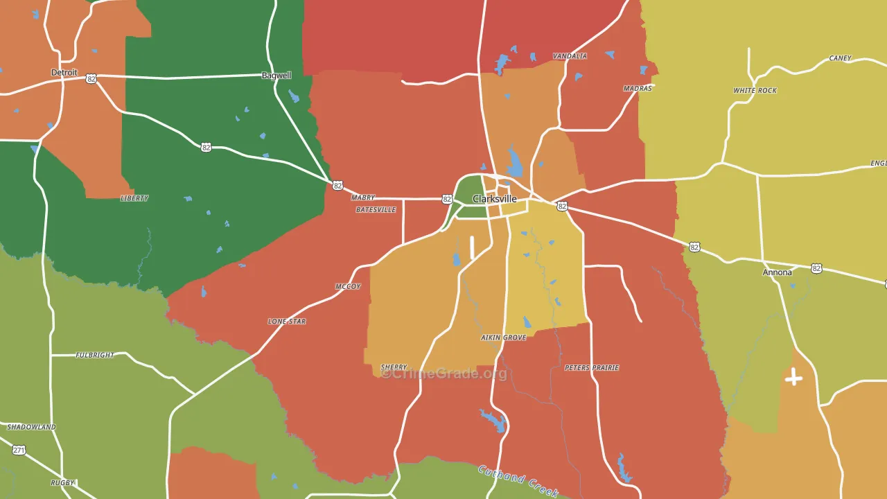 Red River County, TX Map of Robbery Rates