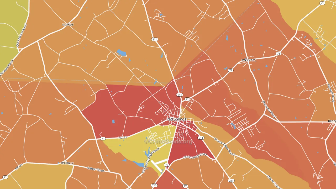 Red Springs, NC Map of Robbery Rates