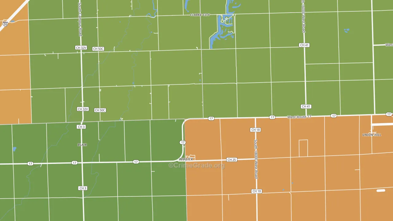 Reddick, IL Map of Robbery Rates
