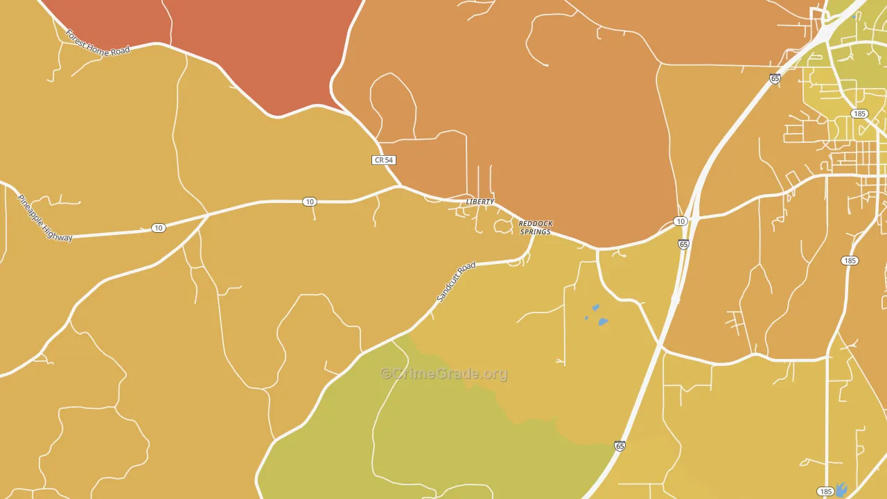 Reddock Springs, AL Map of Robbery Rates