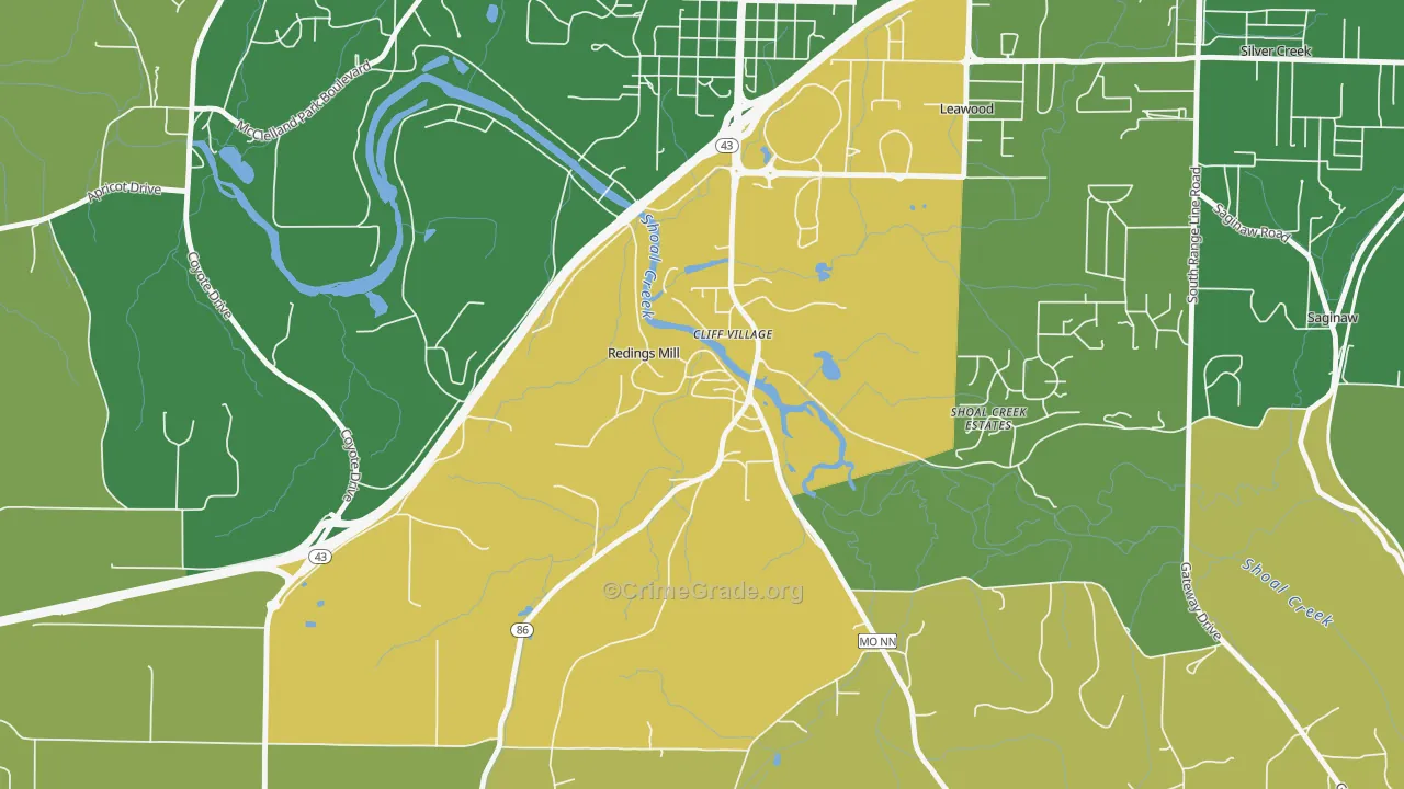 Redings Mill, MO Map of Robbery Rates