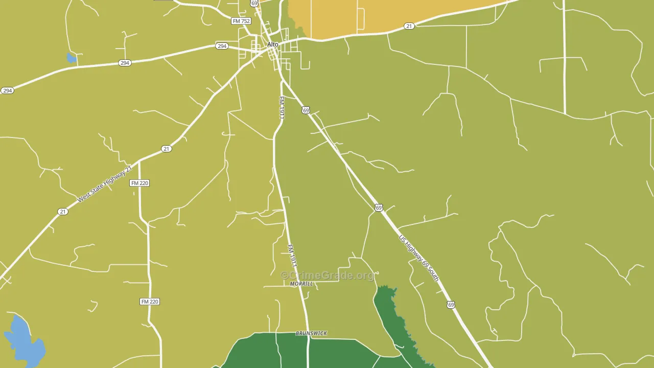 Redlawn, TX Map of Robbery Rates