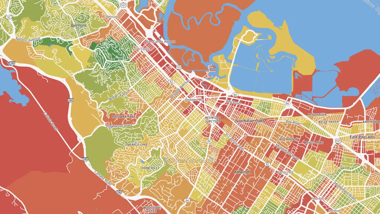 Redwood City, CA Map of Robbery Rates