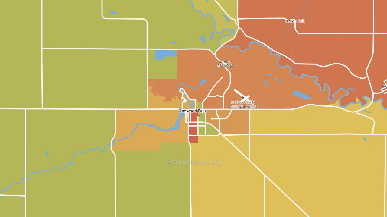 Redwood Falls, MN Map of Robbery Rates