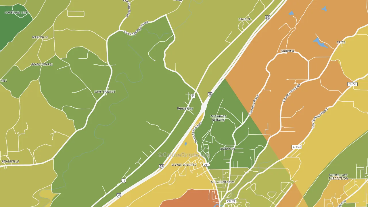 Reece City, AL Map of Robbery Rates
