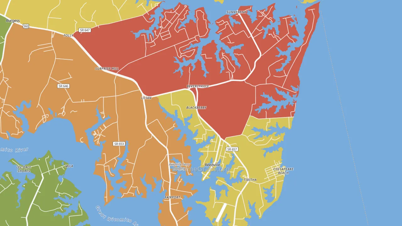 Reedville, VA Map of Robbery Rates