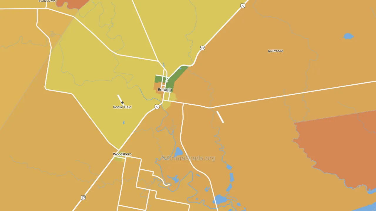 Refugio County, TX Map of Robbery Rates