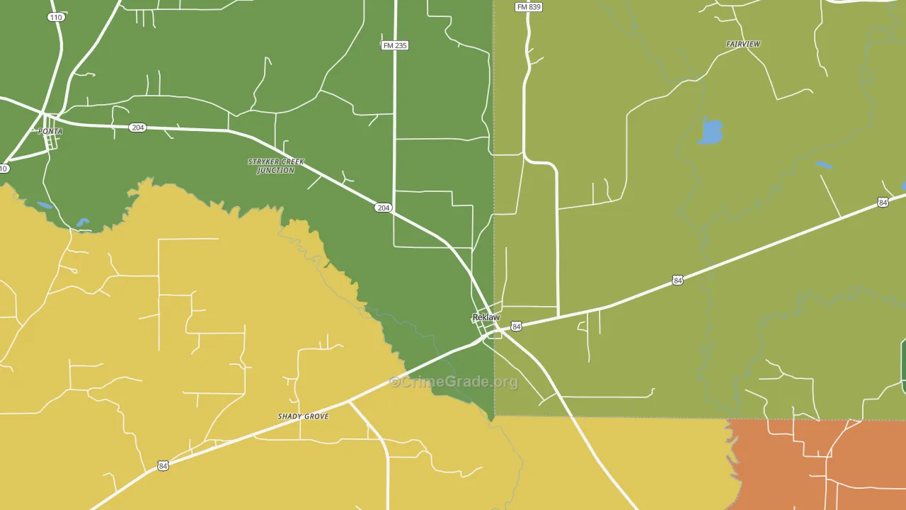 Reklaw, TX Map of Robbery Rates