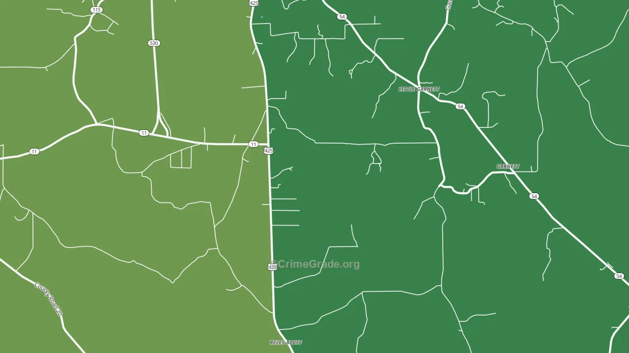 Relfs Bluff, AR Map of Robbery Rates