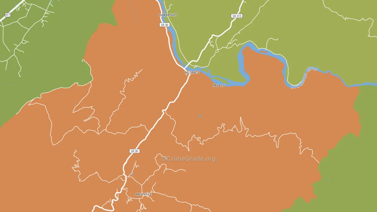 Reliance, TN Map of Robbery Rates
