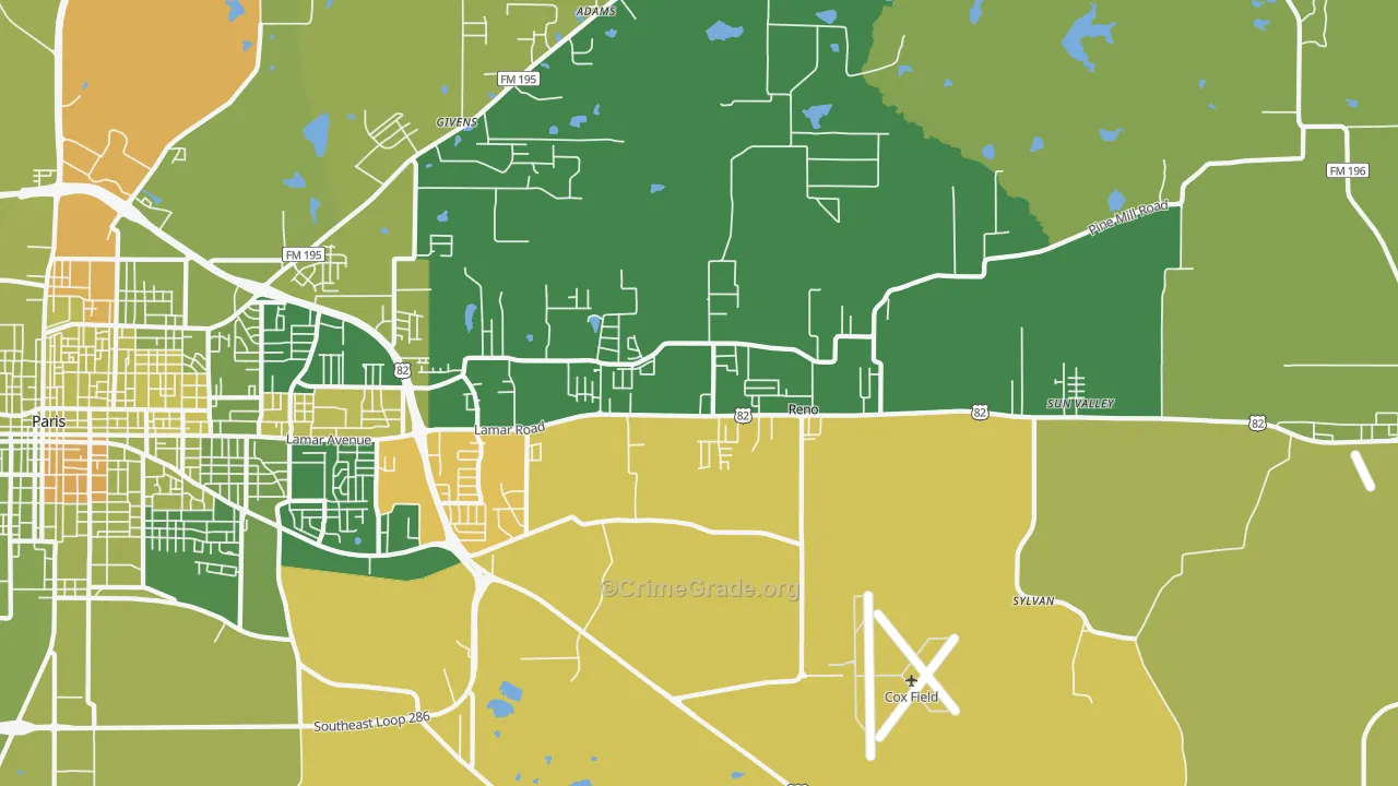 Reno, TX Map of Robbery Rates