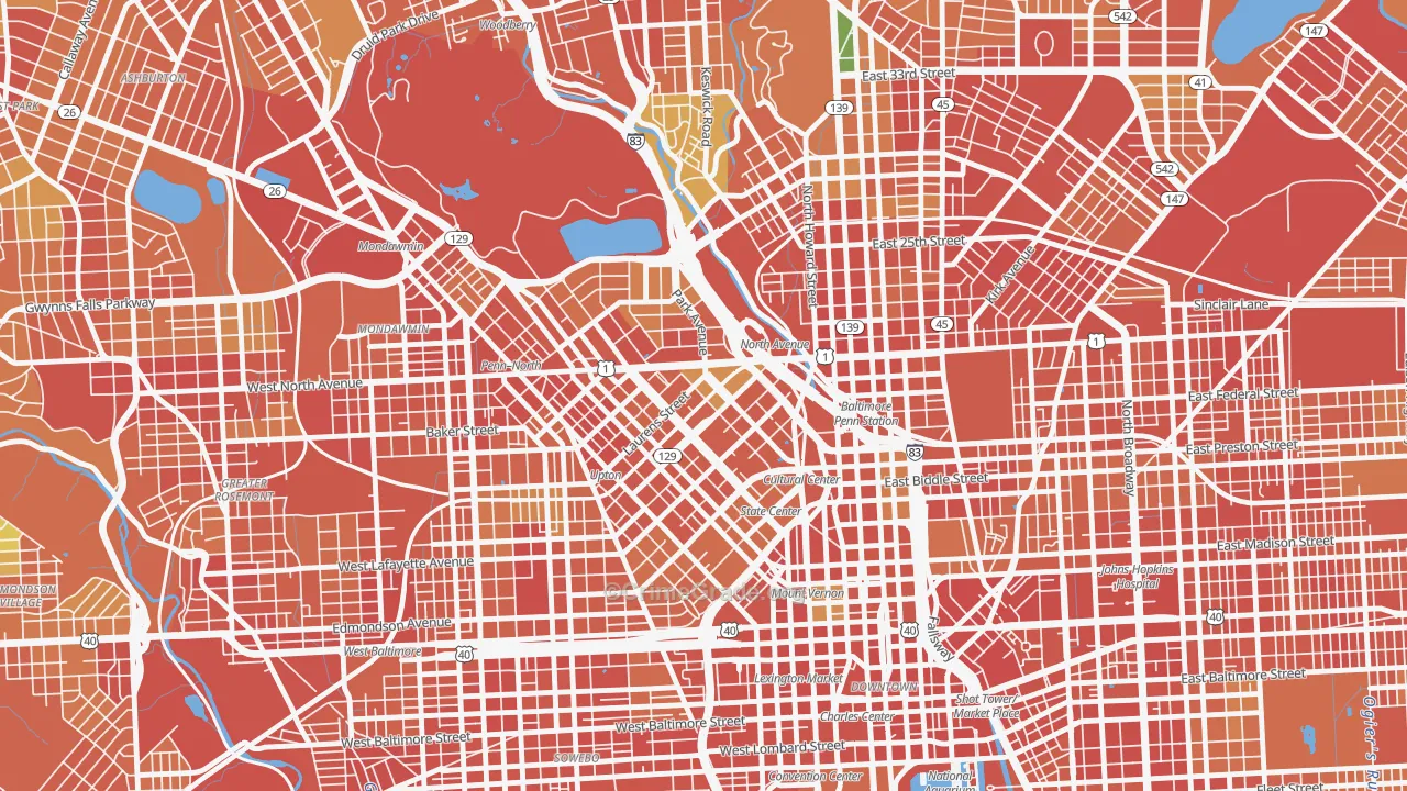 Reservoir Hill-Bolton Hill, Baltimore, MD Map of Robbery Rates