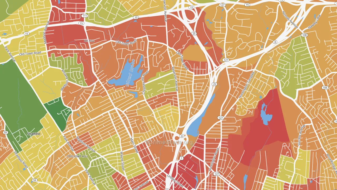 Reservoir-Whiskey Hill, Bridgeport, CT Map of Robbery Rates