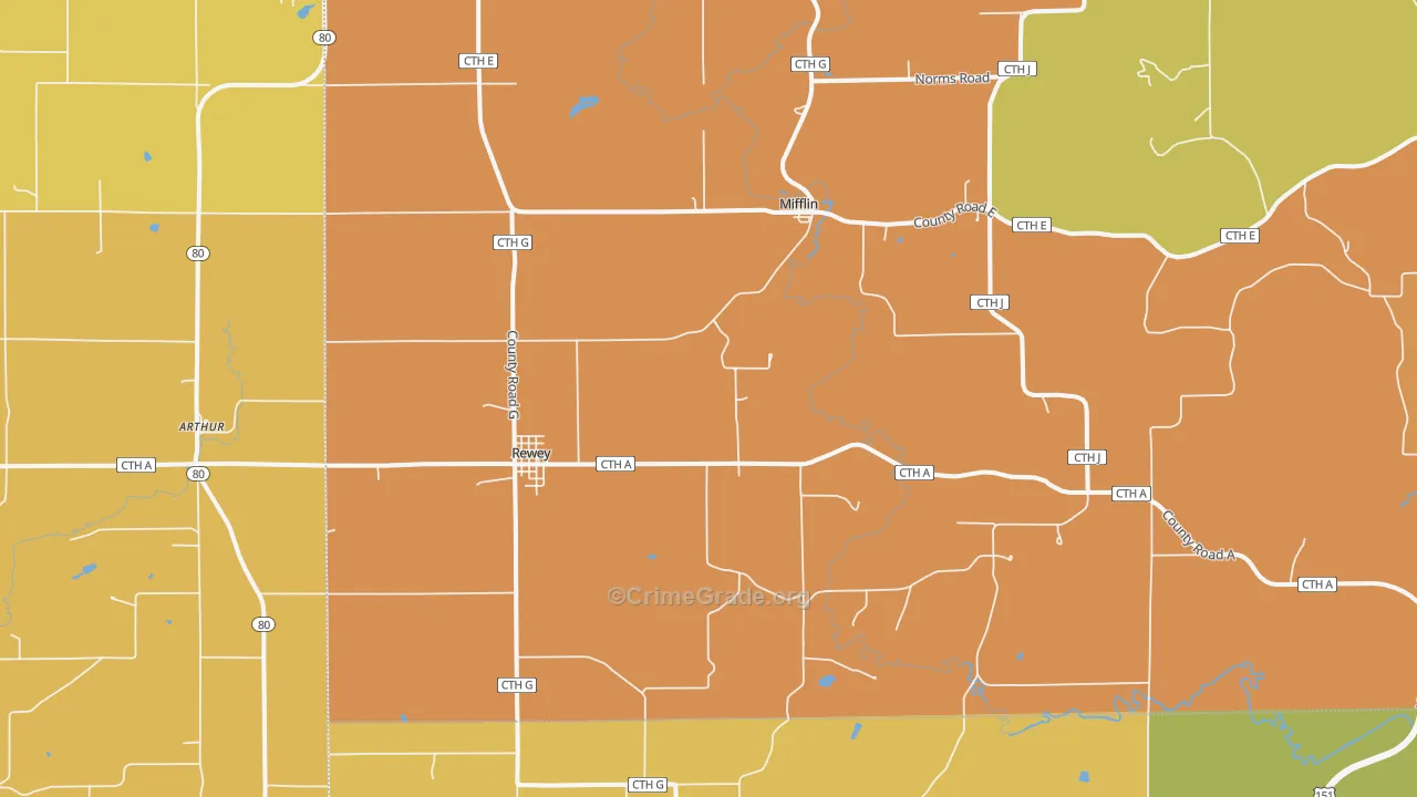 Rewey, WI Map of Robbery Rates