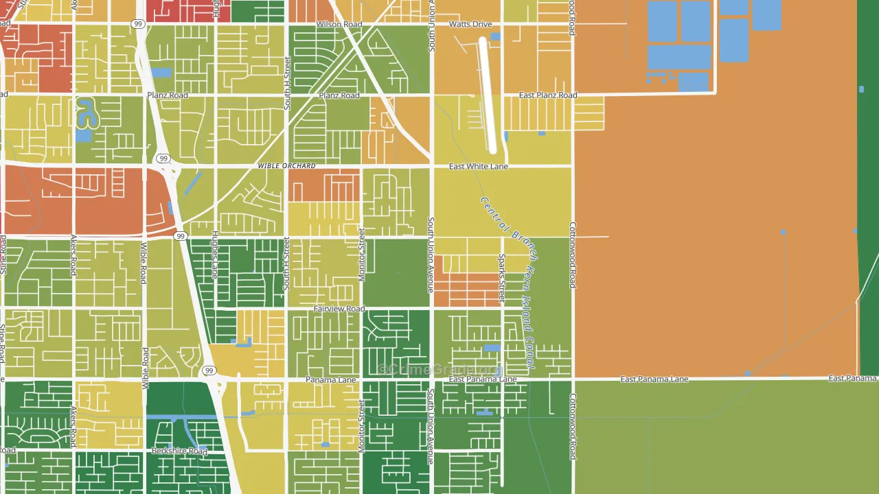 Rexland Acres, Bakersfield, CA Map of Robbery Rates